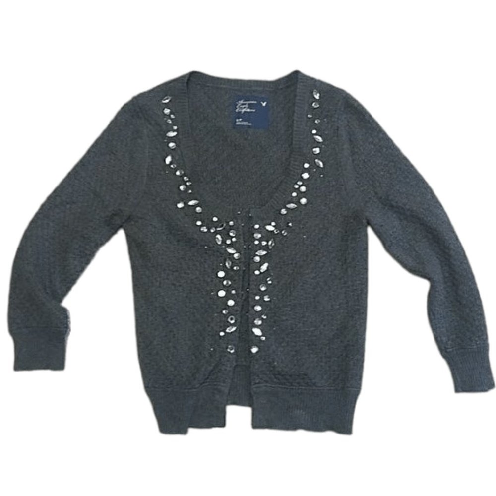 American Eagle Gray Cardigan Sweater Shirt with Jewels Size Small AESHIRT10